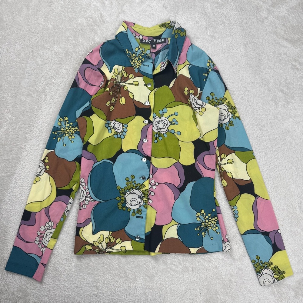 Vintage Y2K K. Johnson Long Sleeve Shirt Womens M Floral Preowned Missing Button
